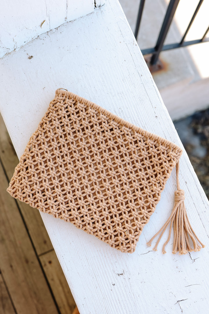 Woven Bohemian Tassel Crochet Clutch - Camel