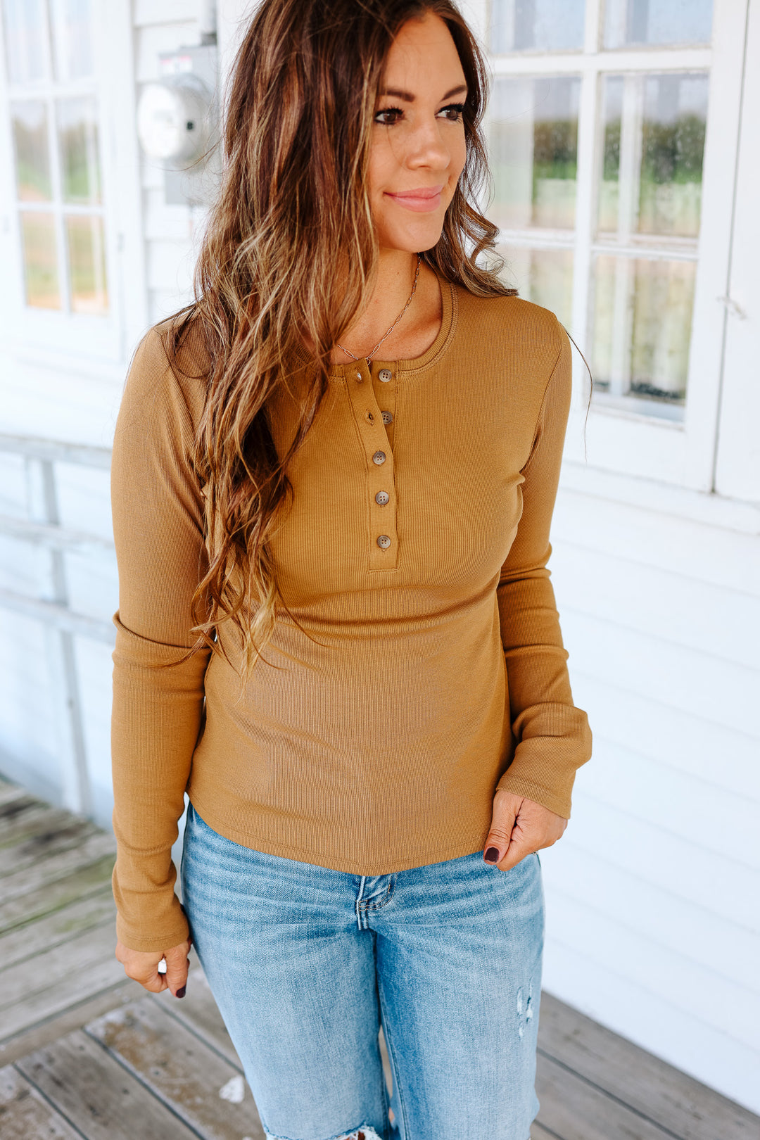 Audrey Ribbed Henley Tee - Camel