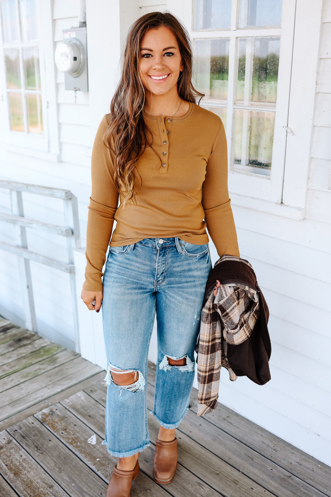 Audrey Ribbed Henley Tee - Camel