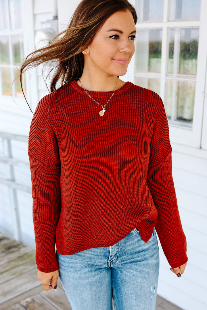 Ivy Ribbed Drop Shoulder Sweater - Rust