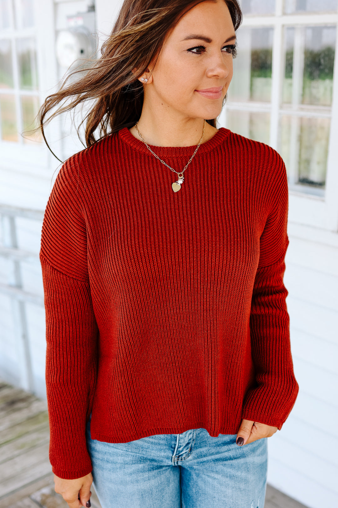 Ivy Ribbed Drop Shoulder Sweater - Rust