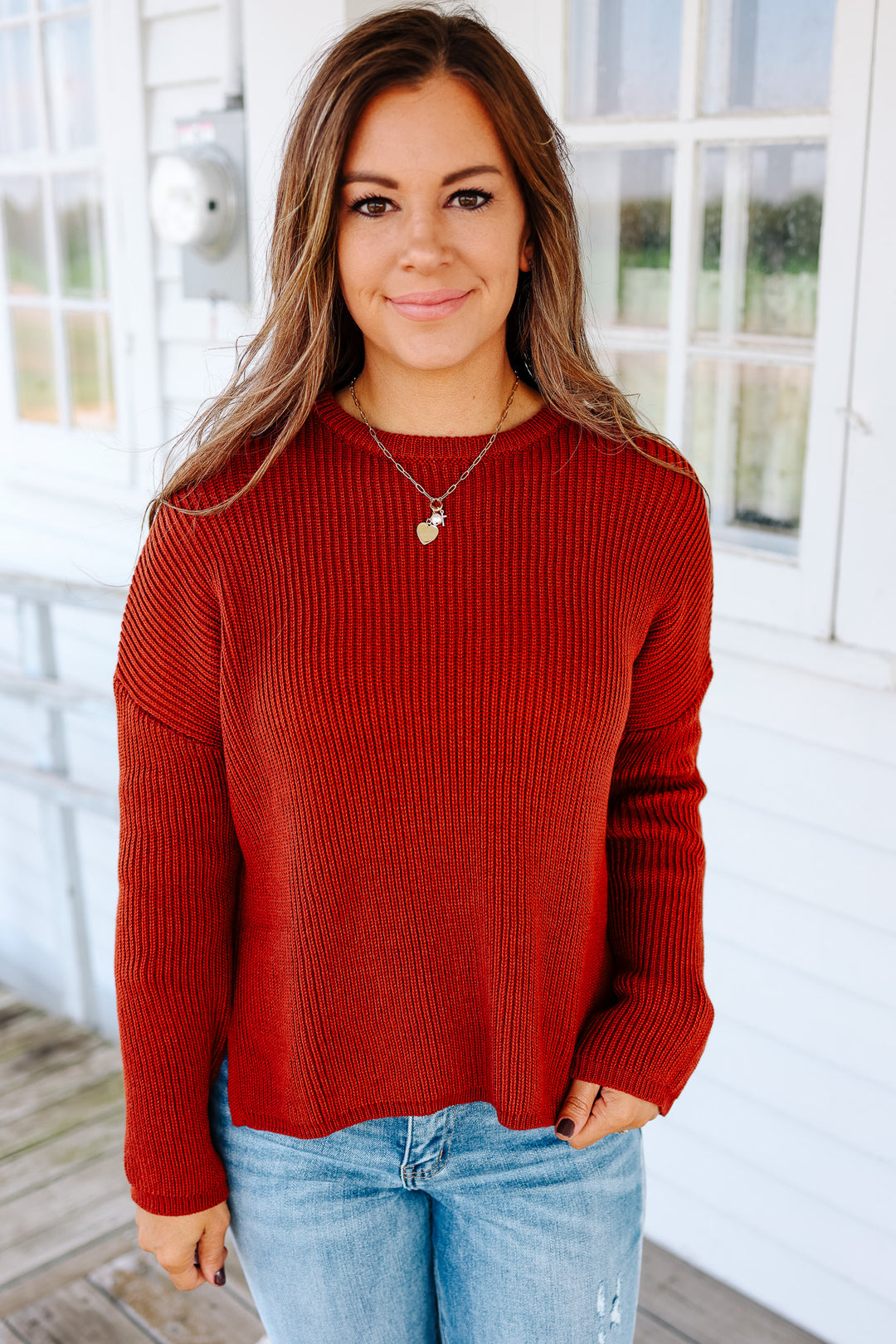 Ivy Ribbed Drop Shoulder Sweater - Rust