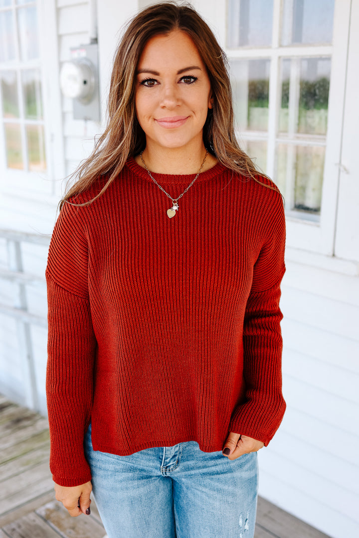 Ivy Ribbed Drop Shoulder Sweater - Rust