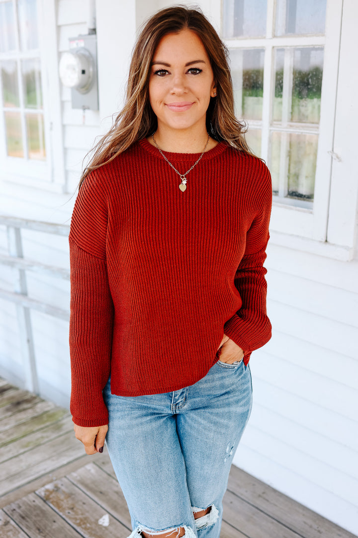 Ivy Ribbed Drop Shoulder Sweater - Rust