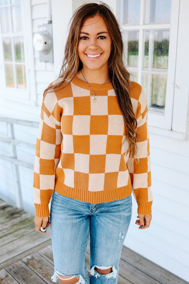 Kendall Checkered Crewneck Sweater - Pumpkin Spice