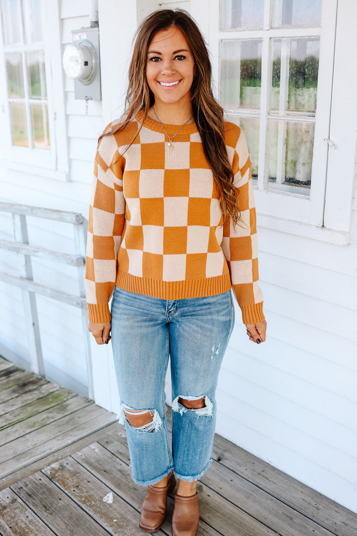 Kendall Checkered Crewneck Sweater - Pumpkin Spice