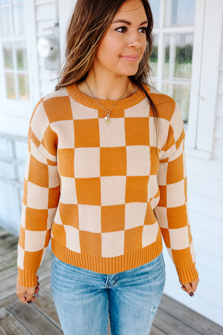 Kendall Checkered Crewneck Sweater - Pumpkin Spice