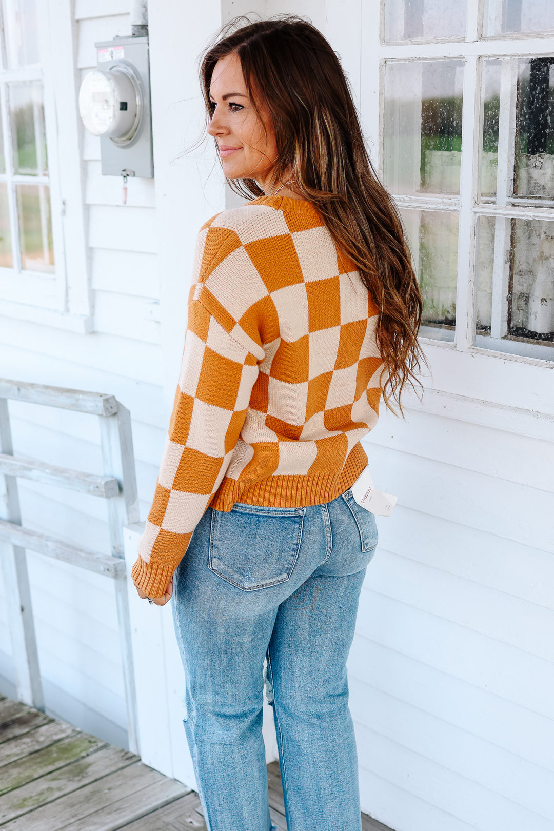 Kendall Checkered Crewneck Sweater - Pumpkin Spice