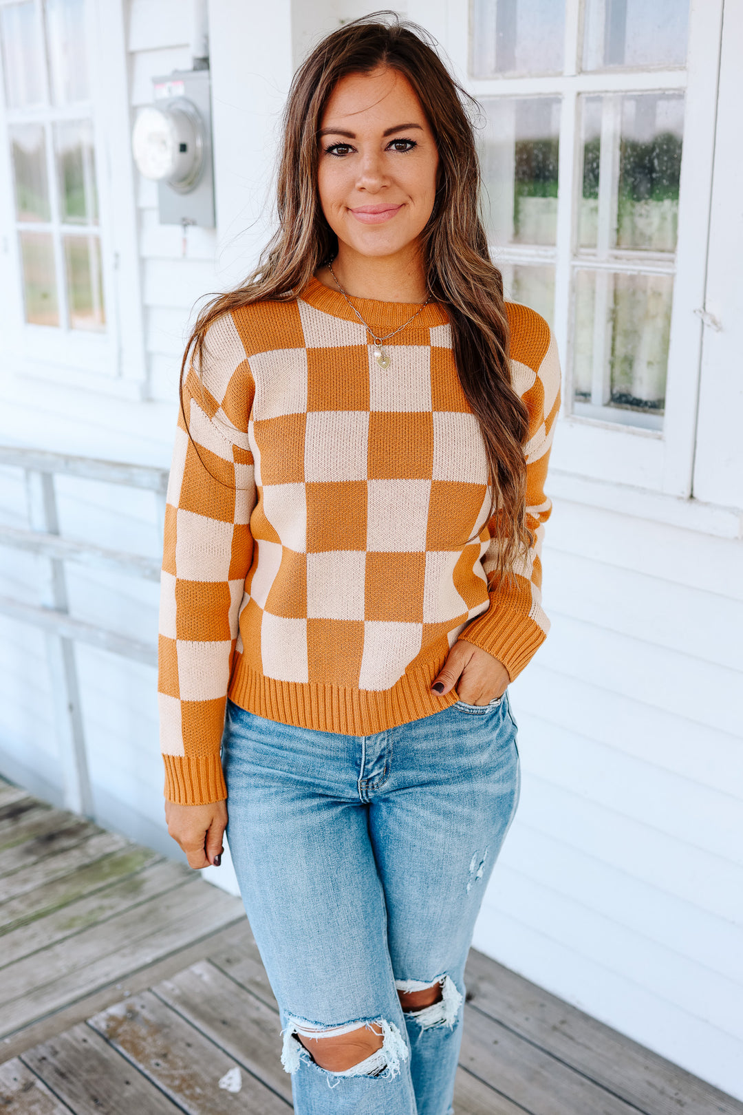 Kendall Checkered Crewneck Sweater - Pumpkin Spice