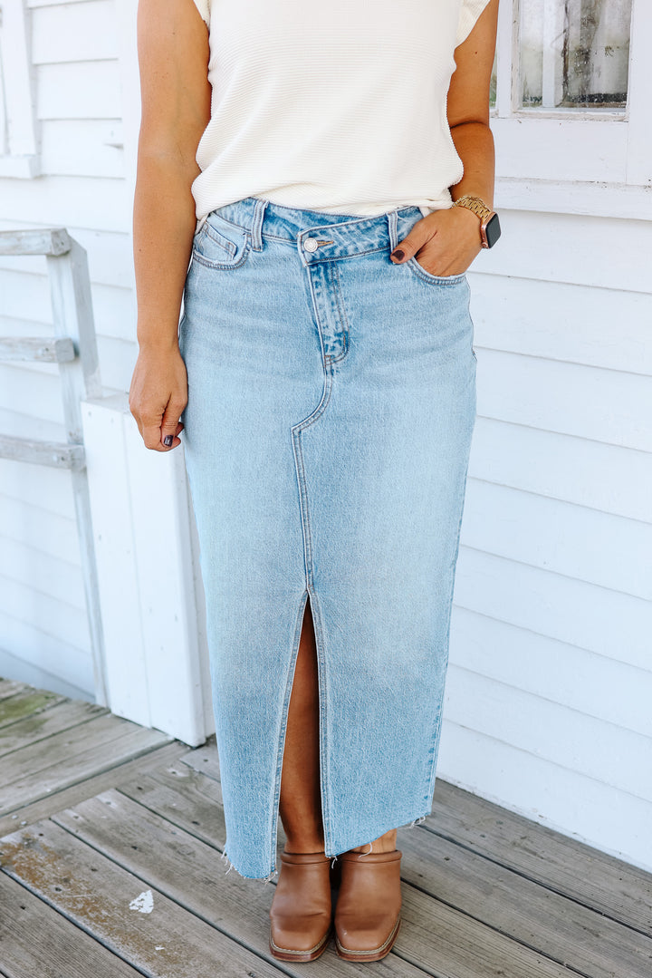 VERVET: Marley Front Slit Midi Denim Skirt