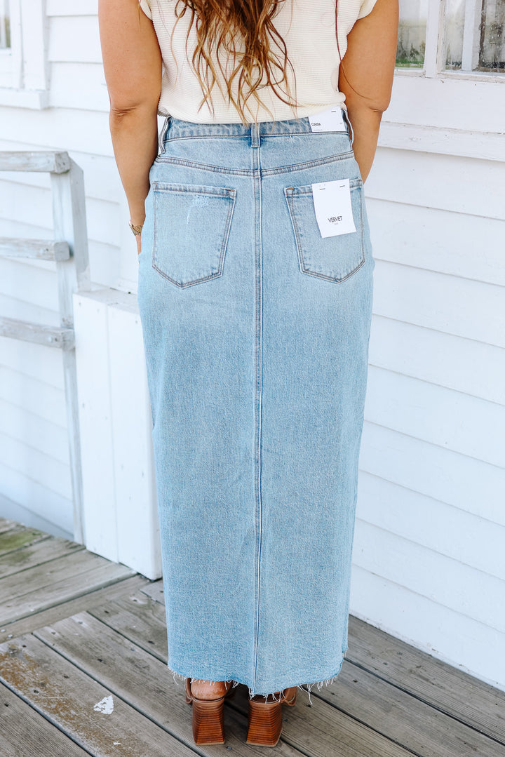 VERVET: Marley Front Slit Midi Denim Skirt