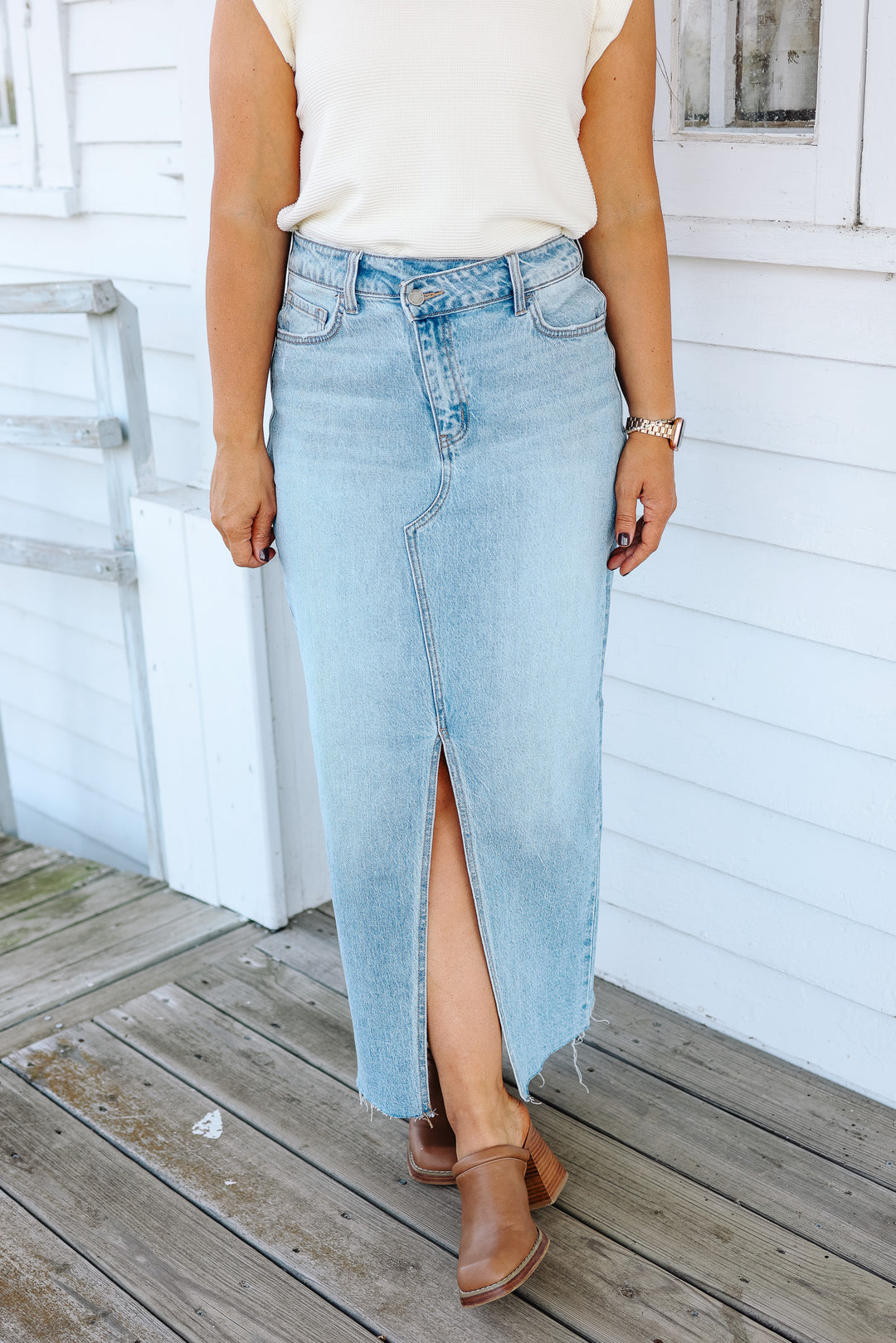 VERVET: Marley Front Slit Midi Denim Skirt