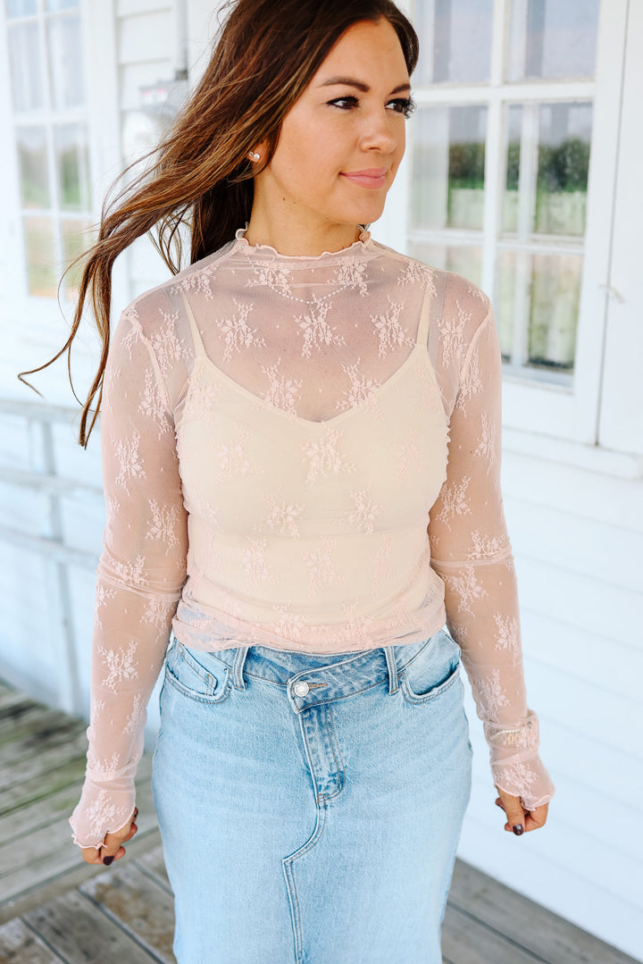 Kian Mock Neck Lace Top - Blush Pink