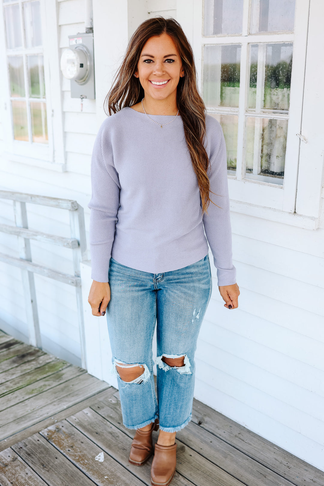 Peyton Ribbed Dolman Top - Dusty Blue