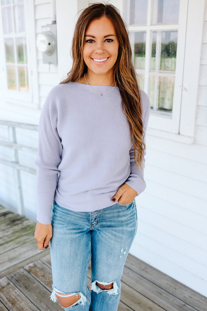 Peyton Ribbed Dolman Top - Dusty Blue