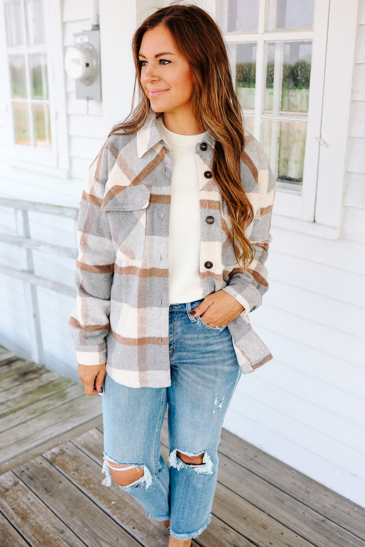 Kristin Plaid Shacket - Neutral Grey