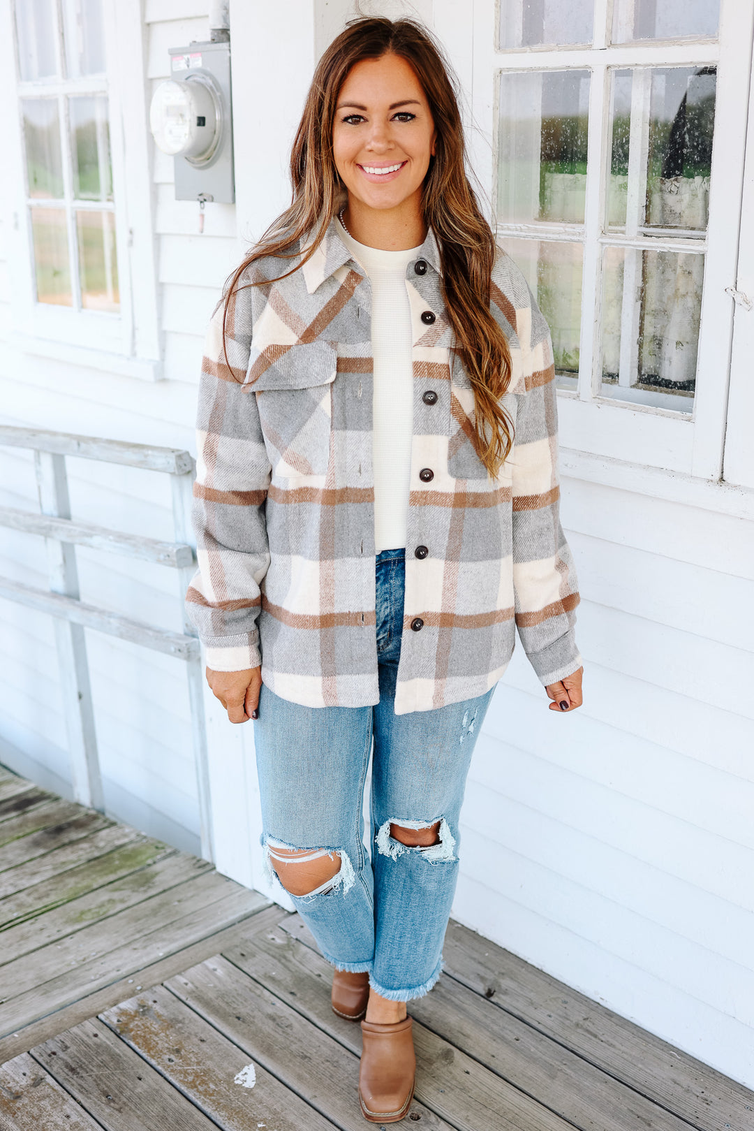 Kristin Plaid Shacket - Neutral Grey