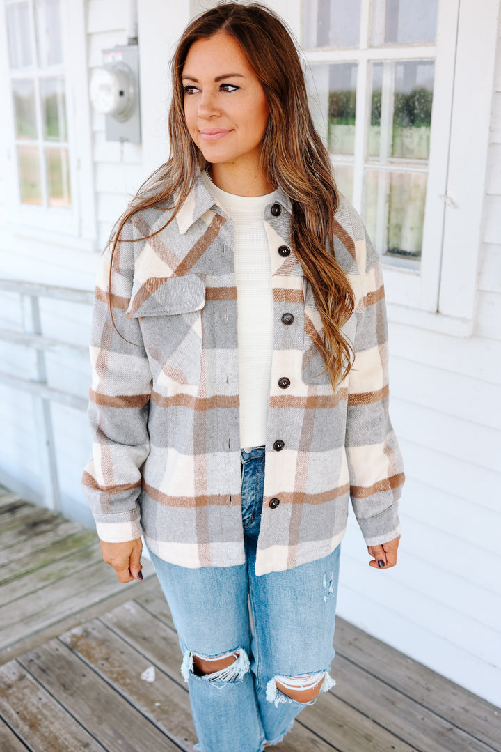 Kristin Plaid Shacket - Neutral Grey