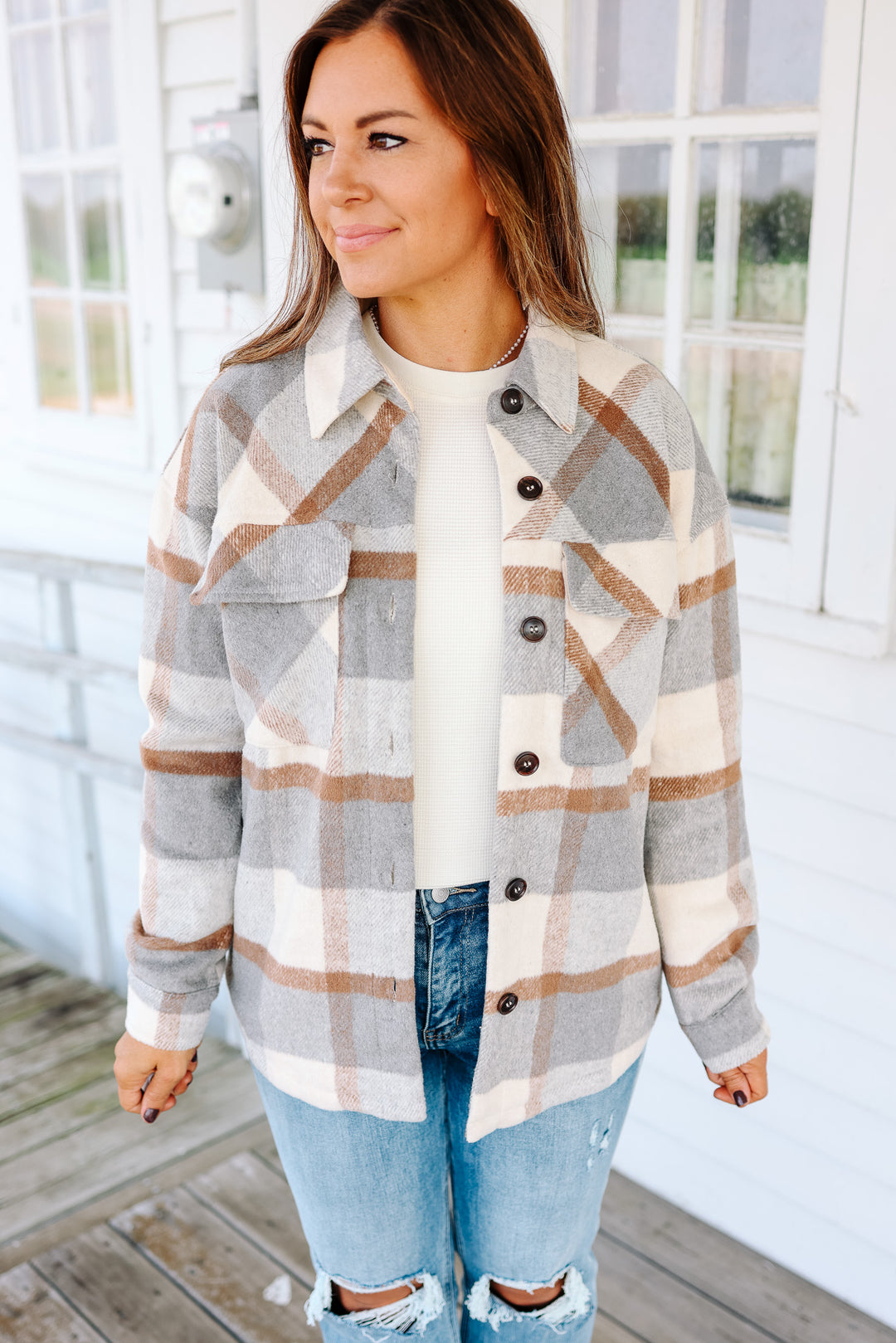 Kristin Plaid Shacket - Neutral Grey