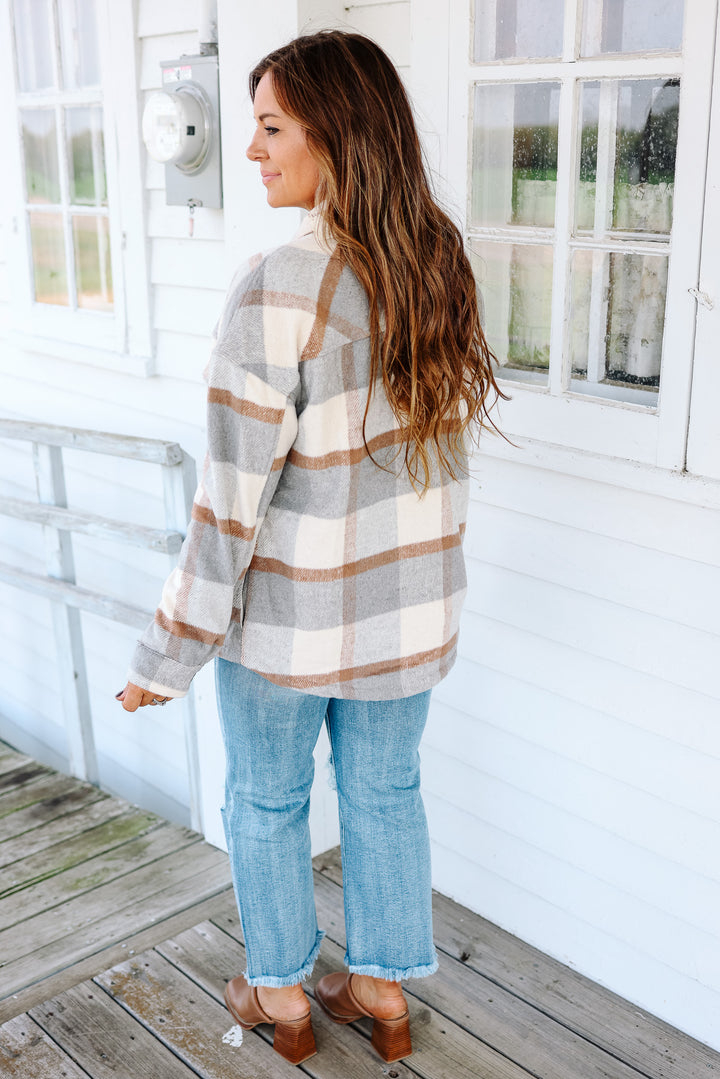 Kristin Plaid Shacket - Neutral Grey