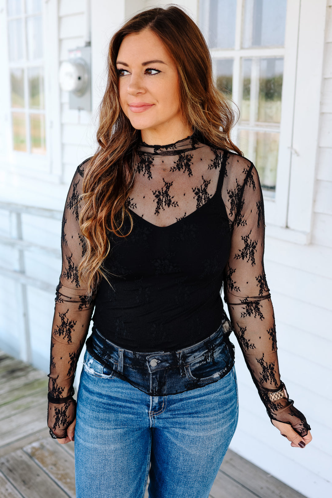 Kian Mock Neck Lace Top - Black