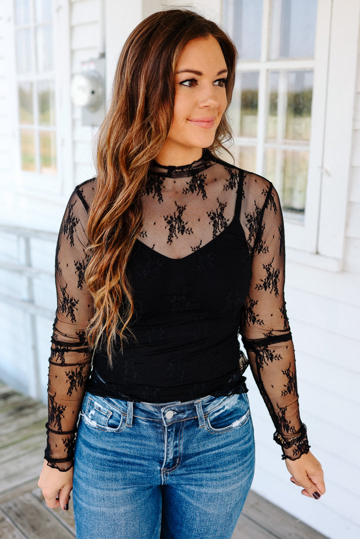 Kian Mock Neck Lace Top - Black