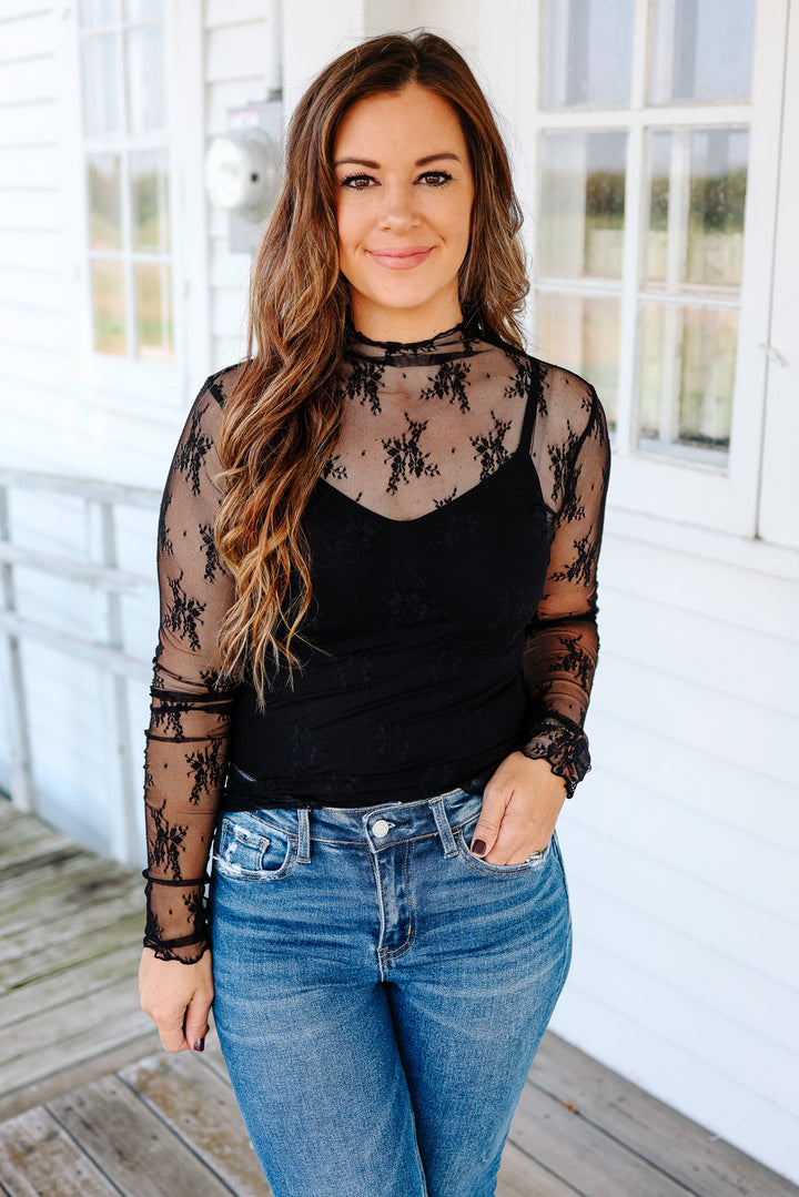 Kian Mock Neck Lace Top - Black