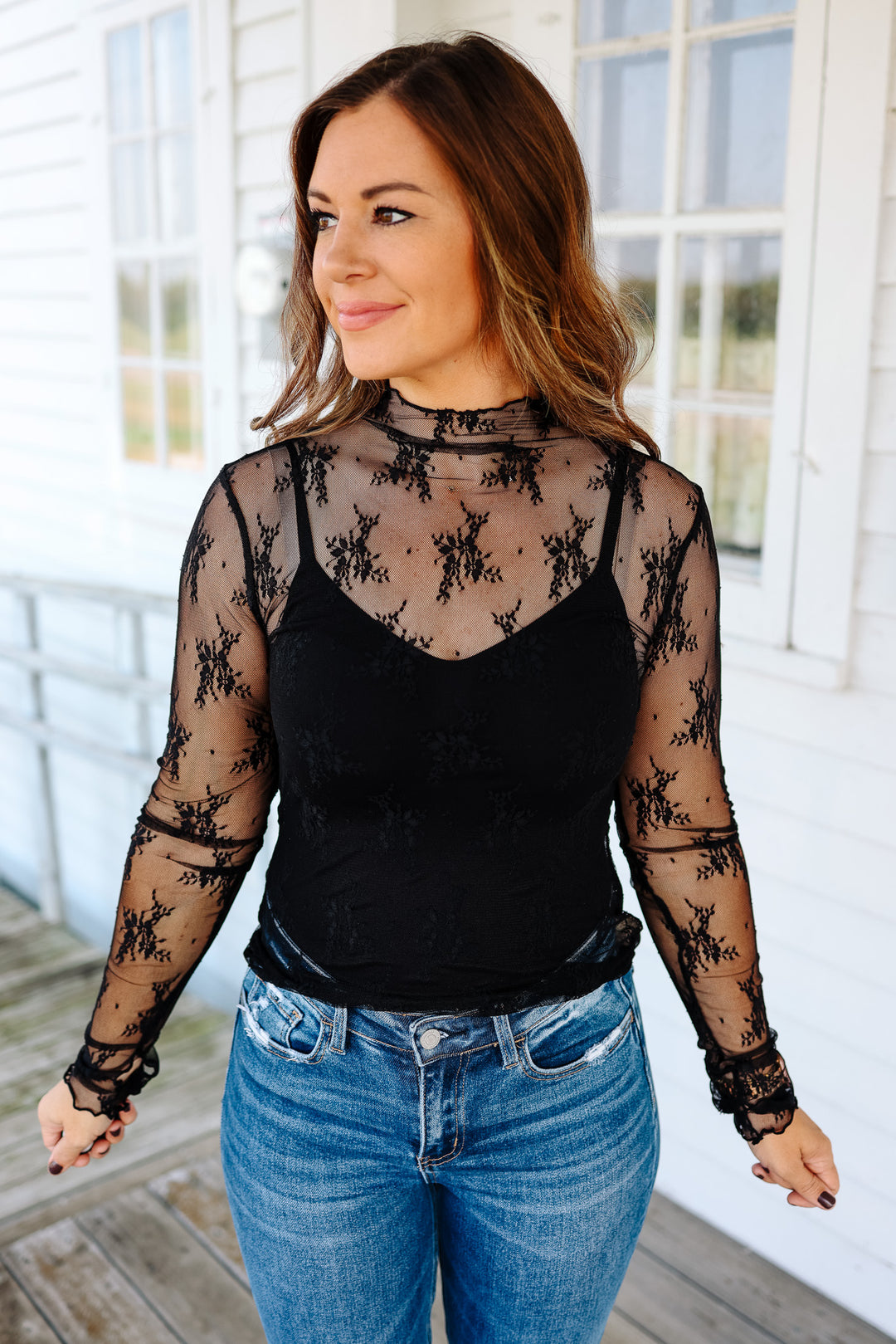 Kian Mock Neck Lace Top - Black