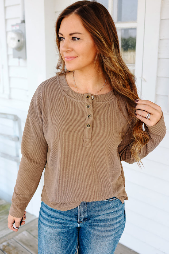 Greer Half Button Down Henley - Mocha