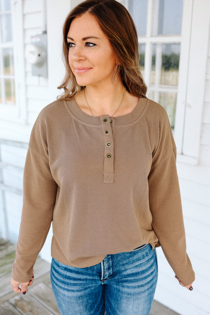 Greer Half Button Down Henley - Mocha