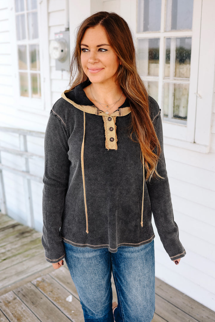 Teagan Snow Wash Thermal Hoodie - Black