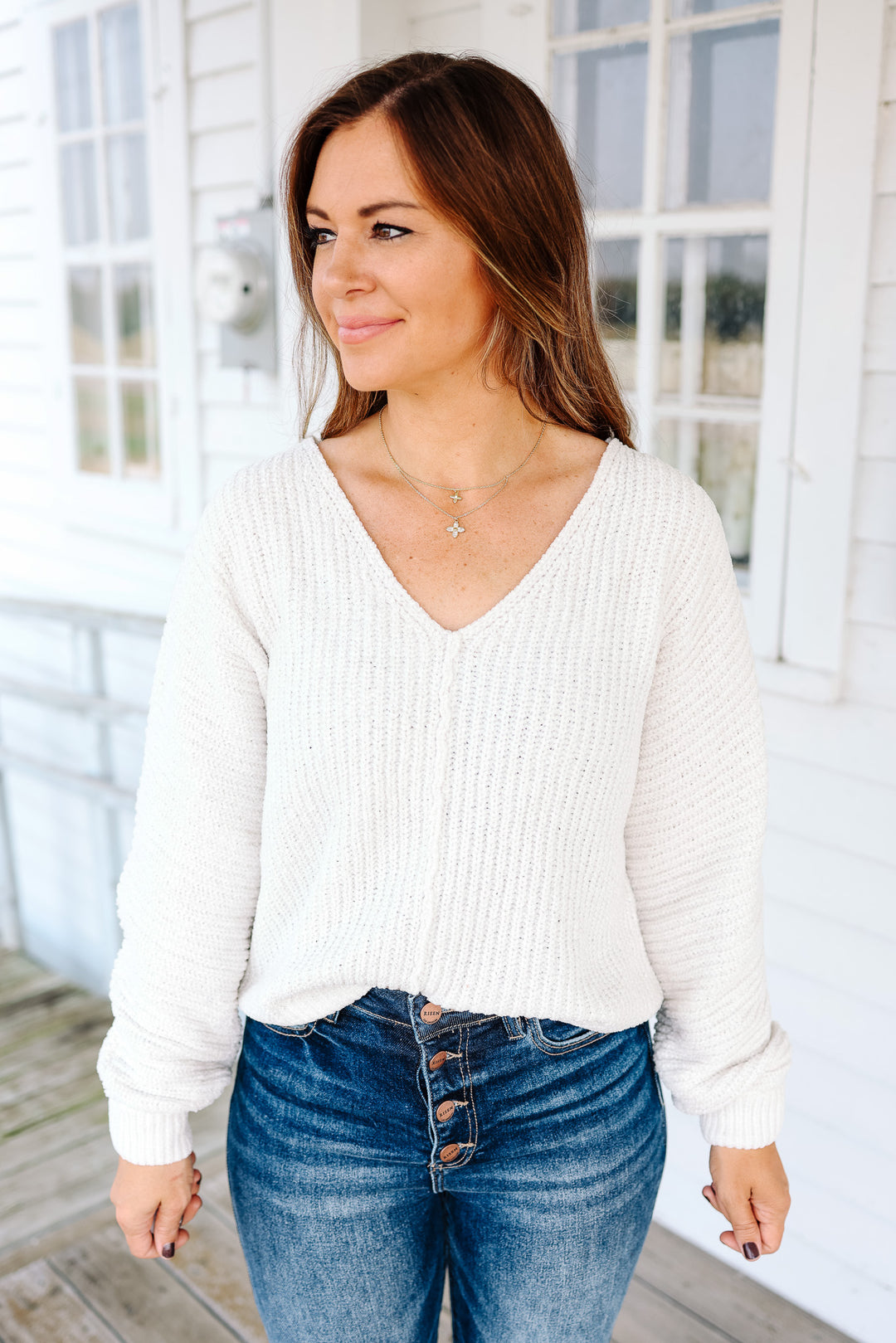 Ezra V Neck Metalic Sweater - White