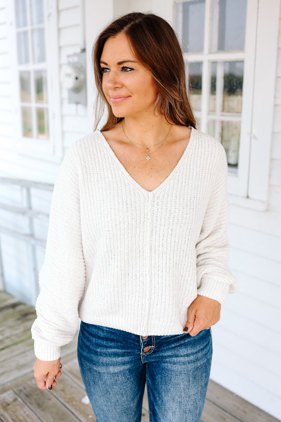 Ezra V Neck Metalic Sweater - White