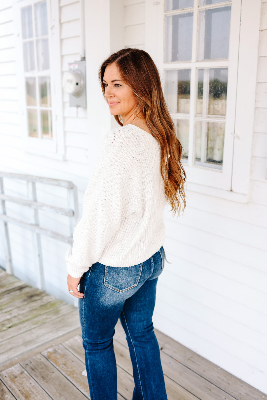 Ezra V Neck Metalic Sweater - White