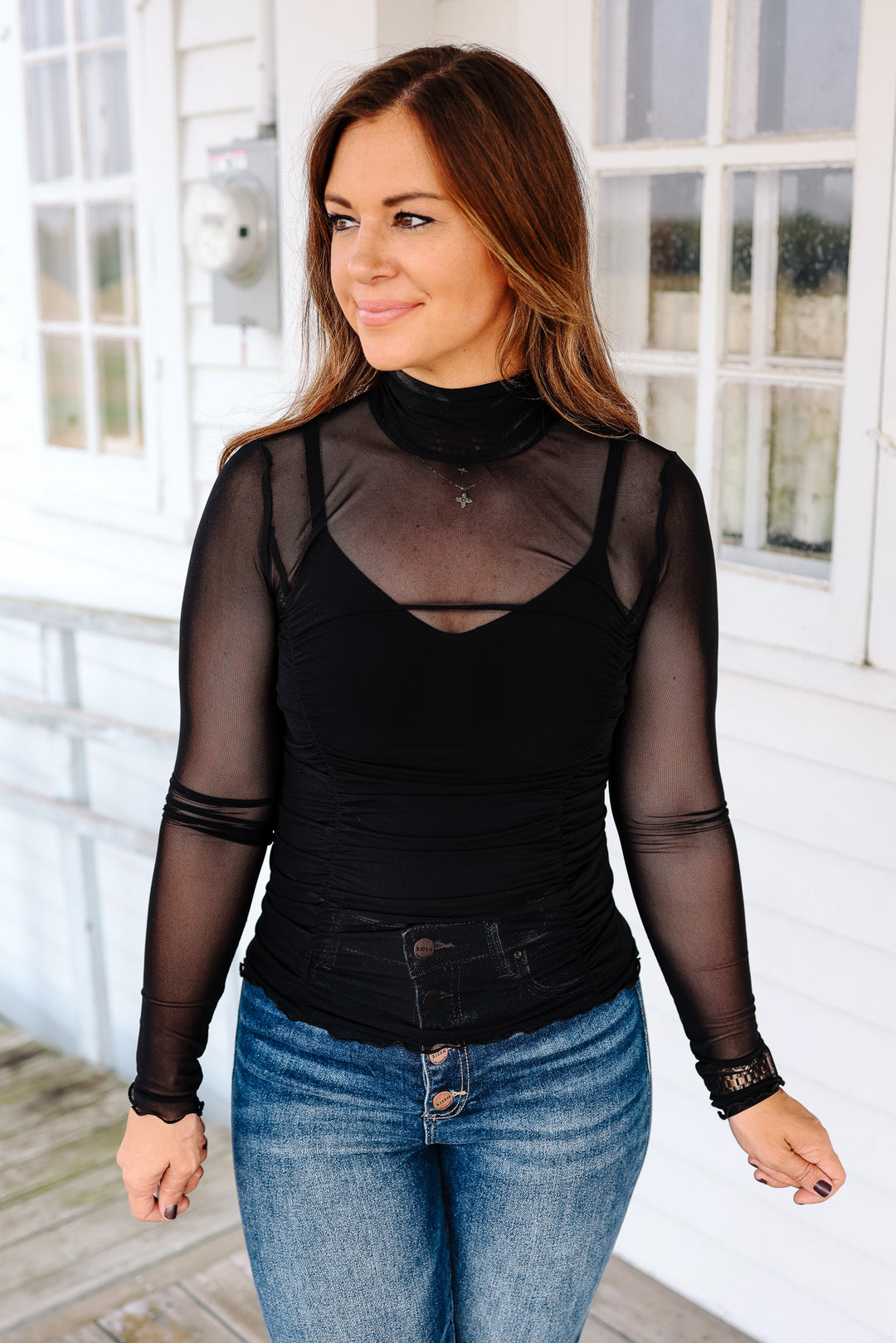 Lana Ruched Turtle Neck Mesh Top - Black