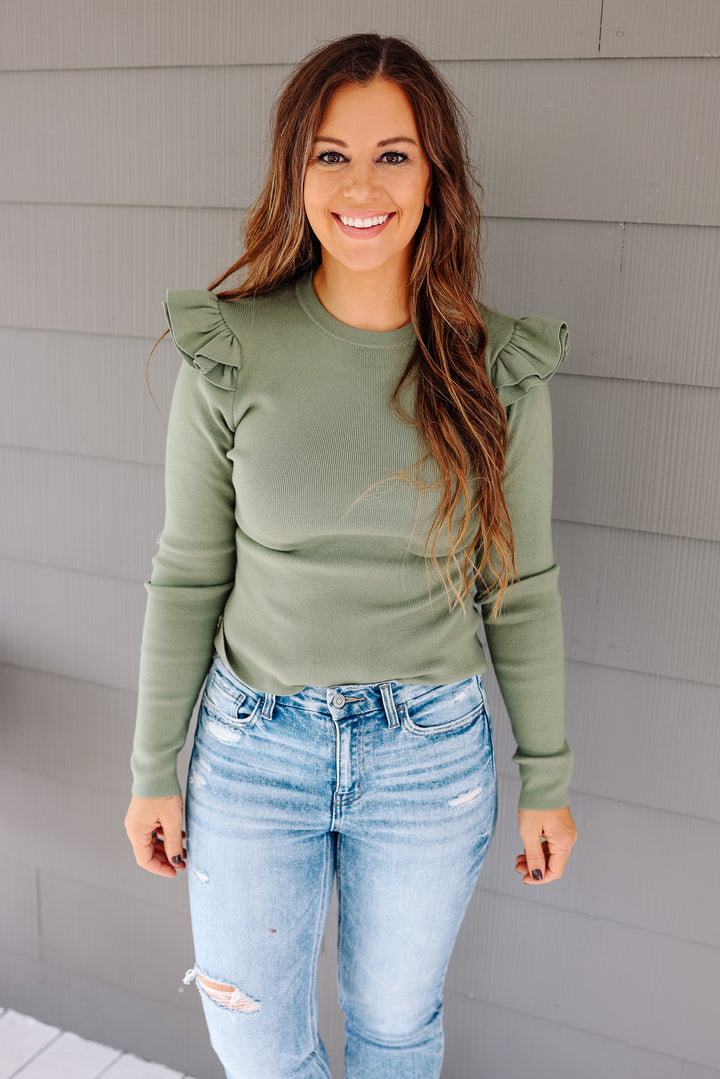 Bailey Ruffle Sleeve Sweater - Olive