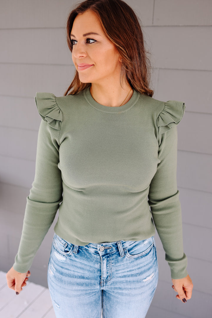 Bailey Ruffle Sleeve Sweater - Olive