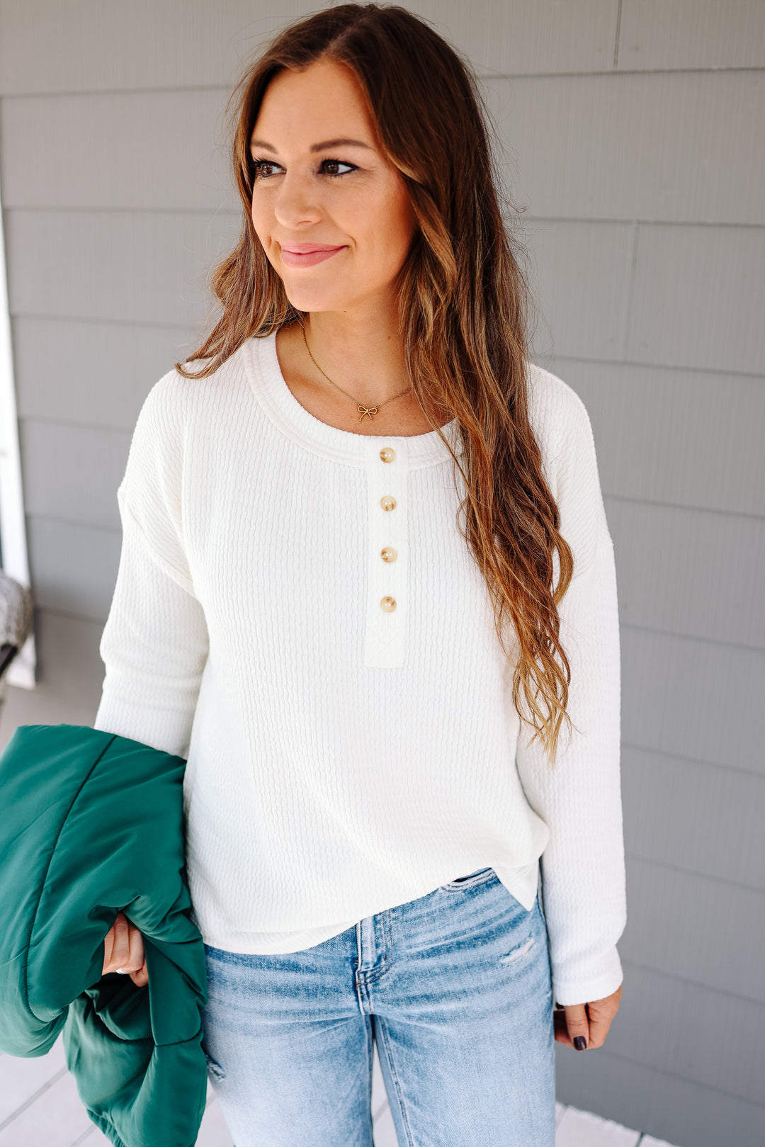 Nola Waffle Knit Henley - Cream