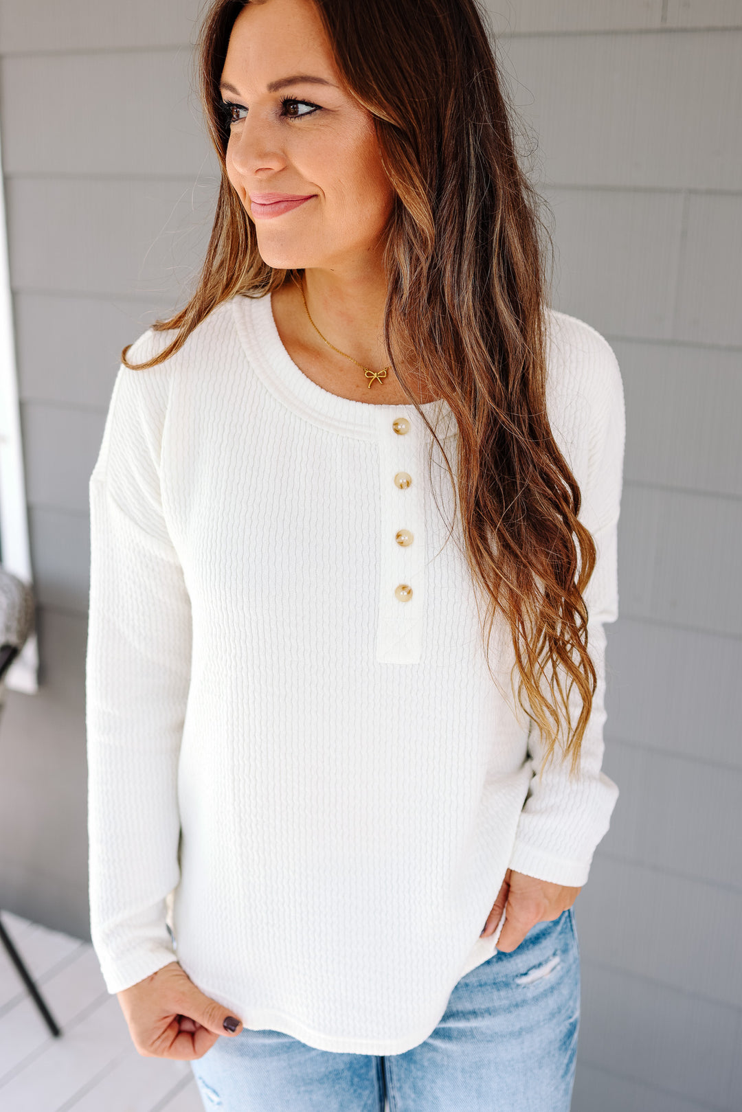 Nola Waffle Knit Henley - Cream