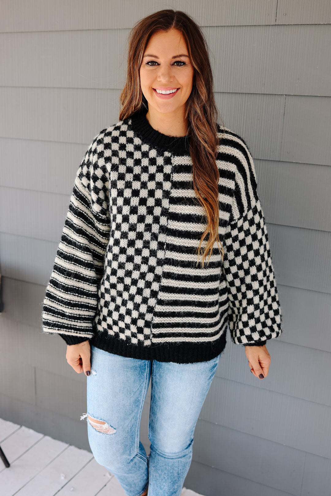 Della Checkered and Stripes Sweater - Black