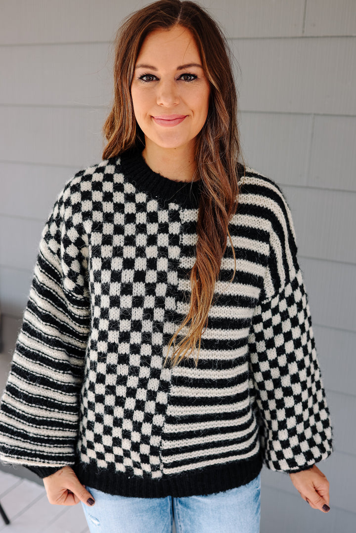 Della Checkered and Stripes Sweater - Black