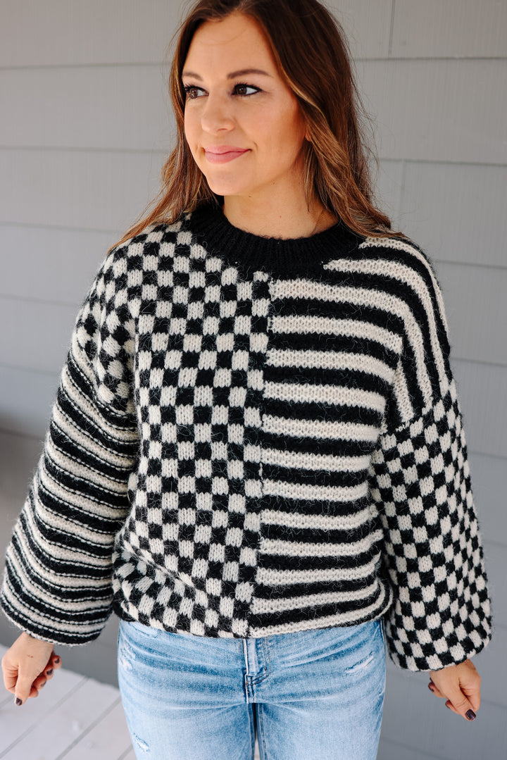 Della Checkered and Stripes Sweater - Black