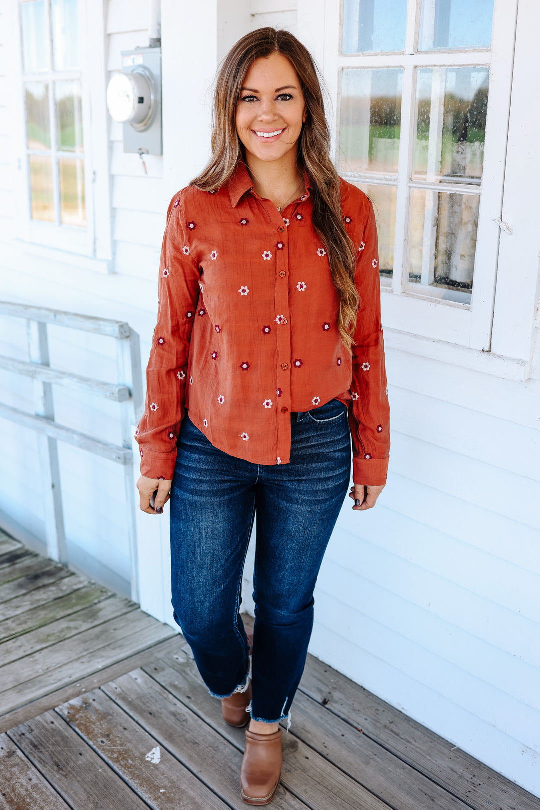 Lucy Floral Embroidered Top - Burnt Sienna