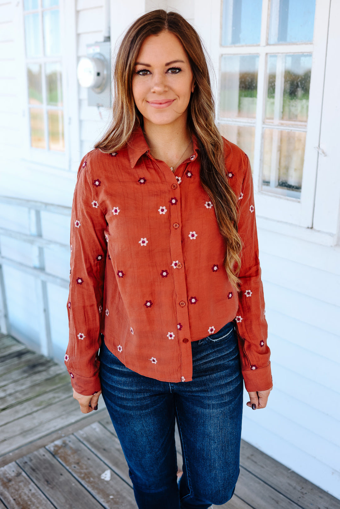 Lucy Floral Embroidered Top - Burnt Sienna