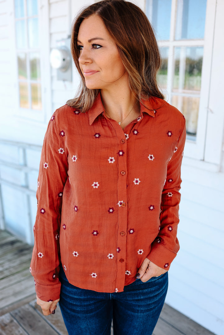 Lucy Floral Embroidered Top - Burnt Sienna