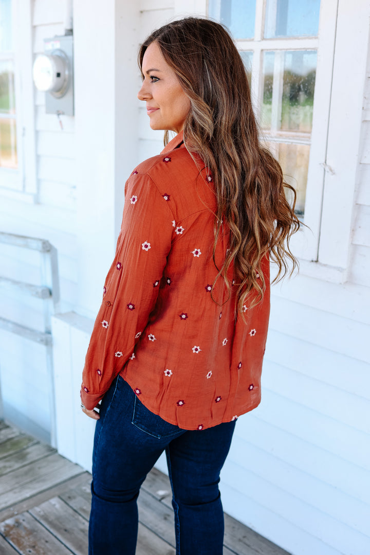 Lucy Floral Embroidered Top - Burnt Sienna