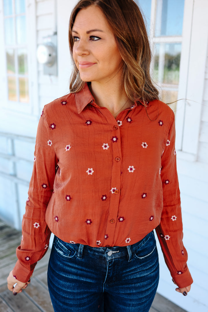 Lucy Floral Embroidered Top - Burnt Sienna