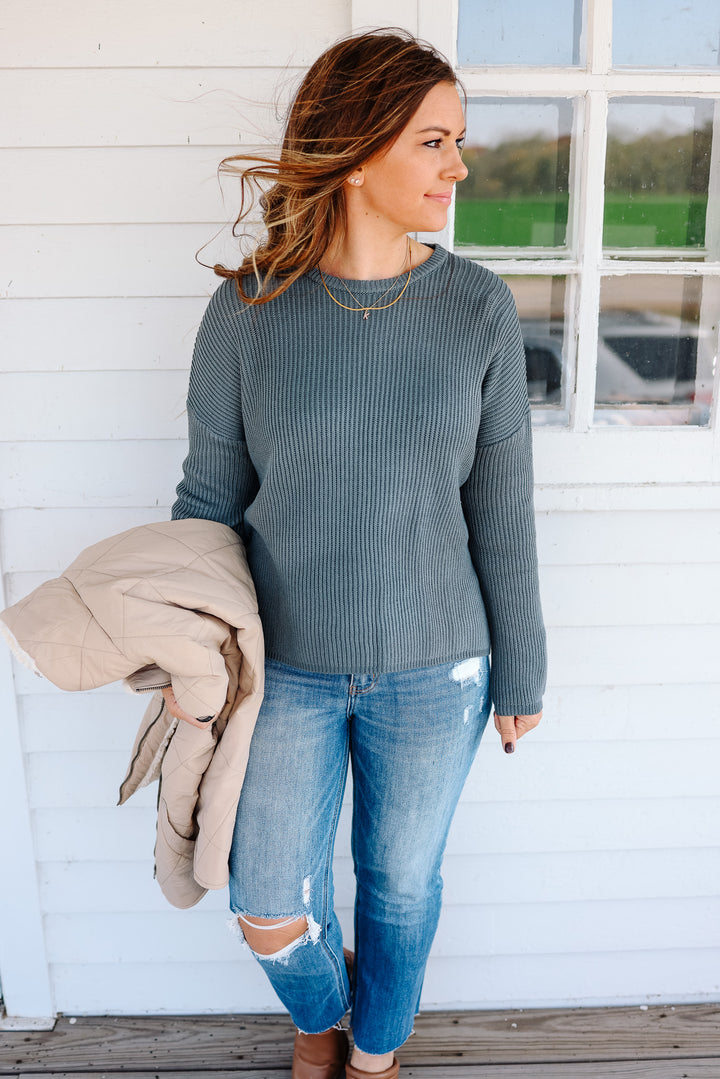 Ivy Ribbed Drop Shoulder Sweater - Slate