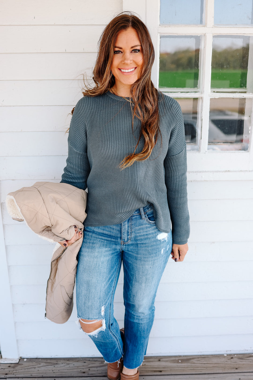 Ivy Ribbed Drop Shoulder Sweater - Slate