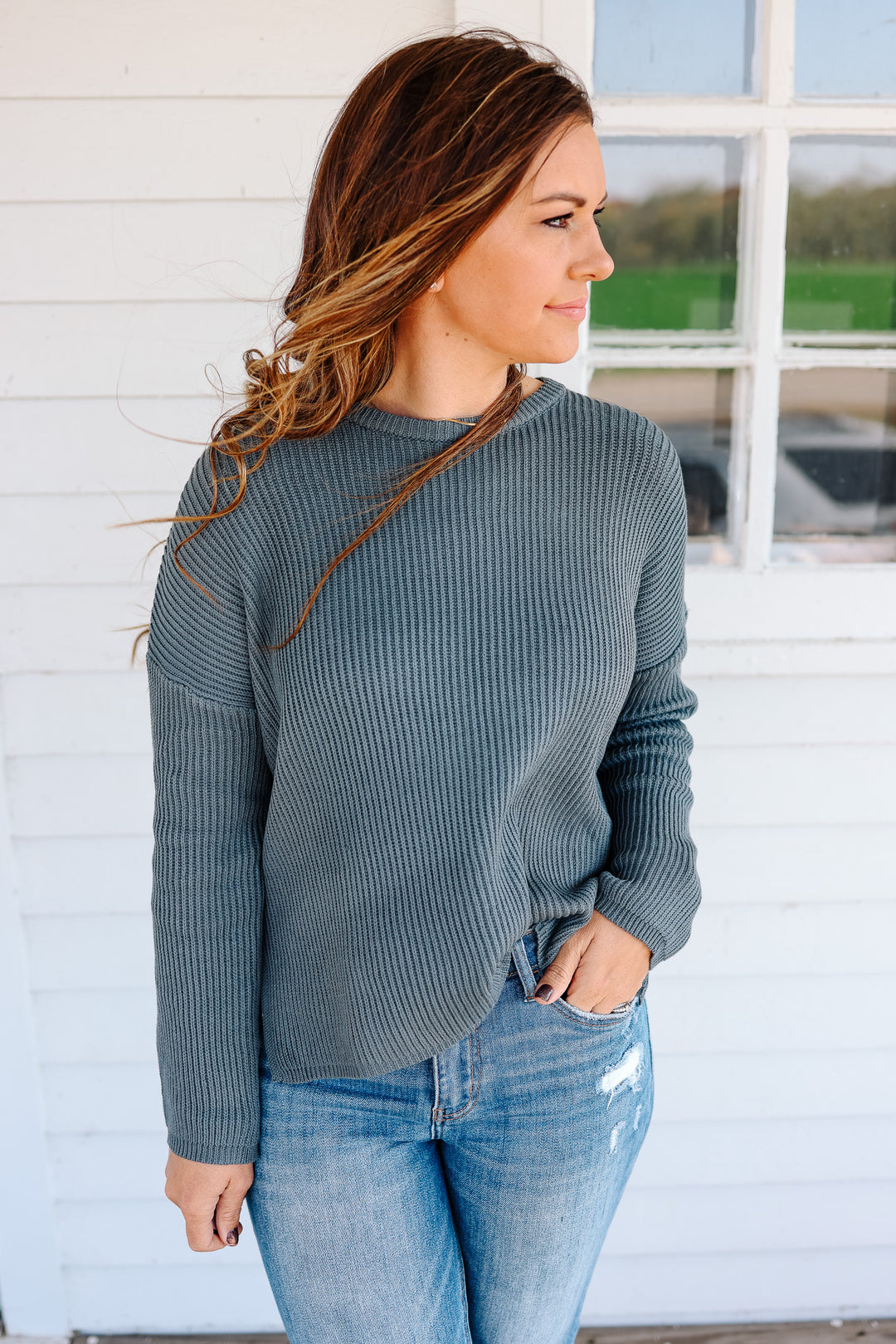 Ivy Ribbed Drop Shoulder Sweater - Slate